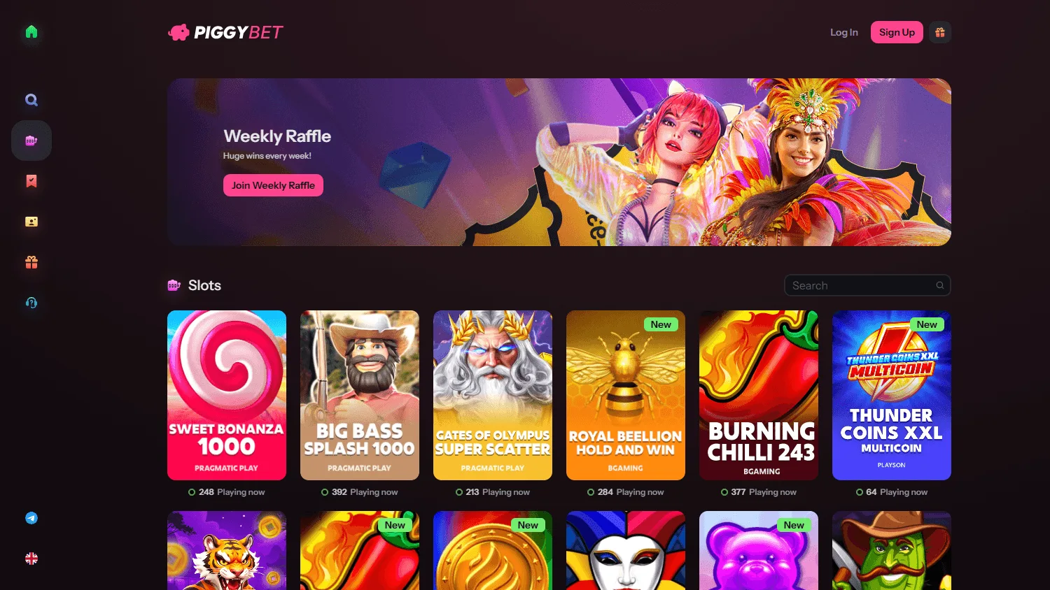Piggybet Casino games area on desktop