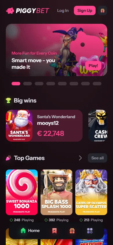 Piggybet Casino home in a mobile browser
