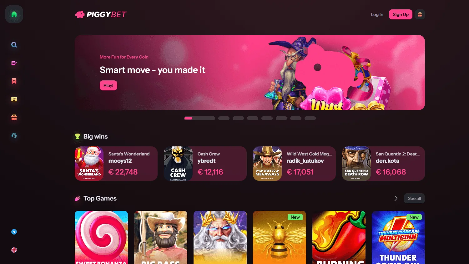 Piggybet Casino home on desktop