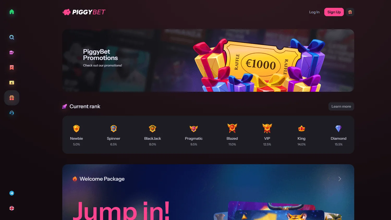Piggybet Casino promotions area on desktop