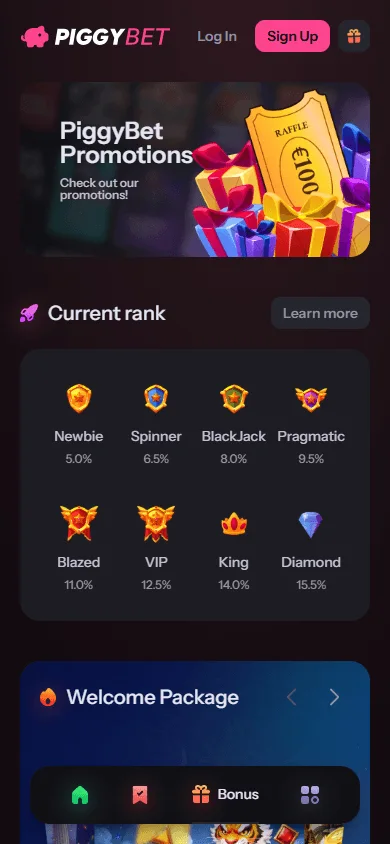 Piggybet Casino promotions in a mobile browser